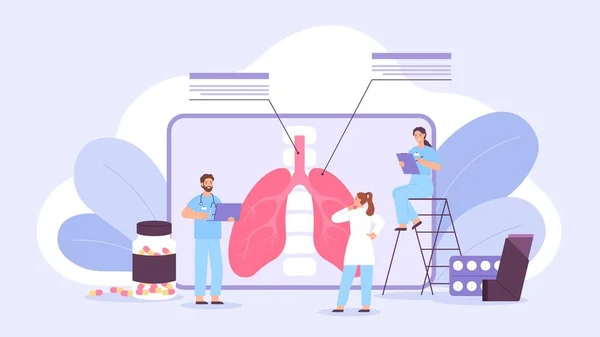 Le concept de traitement des maladies pulmonaires avec les médecins vérifient le diagnostic. Affiche sur l'asthme, la tuberculose, la pneumonie respiratoire ou le coronavirus vecteur médical — Image vectorielle