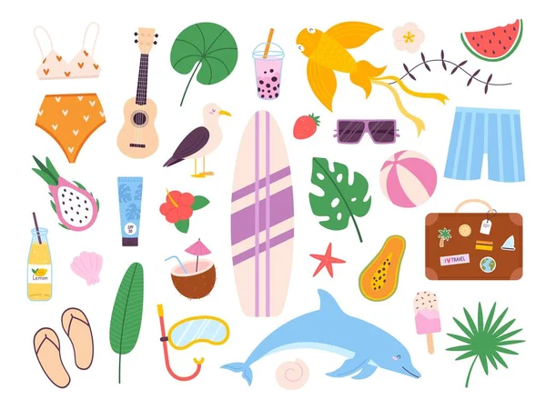 Summer symbols stickers, surf board, watermelon and travel bag. Beach ball, seagull, drinks, sunscreen and guitar. Vacation icons vector set — Stock Vector