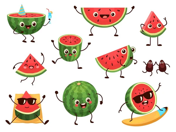 Funny sandía rebanadas personajes con caricaturas sonreír caras. Linda fruta en gafas de sol surf. Fiesta de verano. Juego de vectores de sandías cómicas — Vector de stock