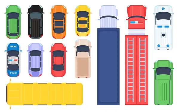 Plochá veřejná doprava, nákladní automobily a osobní letecké top view. Školní autobus, policie, hasičský vůz, sanitka a nákladní auto. Městská vozidla nastavena — Stockový vektor