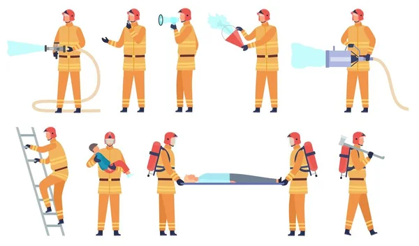 Pompier plat en uniforme sauvant les gens et éteignant la flamme. Caractère pompier, sauveteur professionnel avec tuyau et ensemble vecteur échelle — Image vectorielle