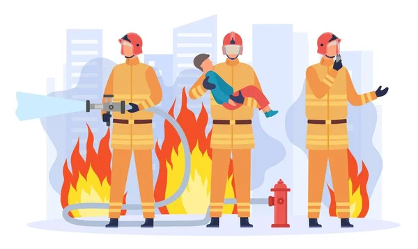 Regu pemadam kebakaran yang datar menyelamatkan kota dari kebakaran. Petugas pemadam kebakaran berseragam menyelamatkan anak. Layanan darurat mengeluarkan konsep vektor nyala api - Stok Vektor