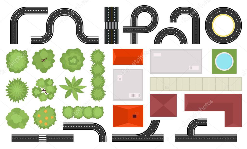 Street map top view, houses, roads and trees. City landscape plan elements from above, building roofs, bushes and traffic lane vector set