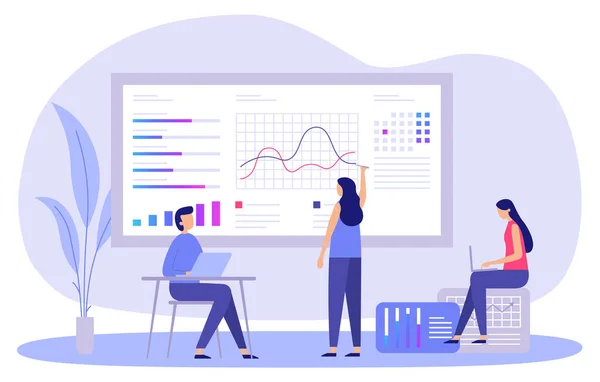 Zakelijke marketing strategie. Man en vrouw analyseren gegevens, presentatie met grafieken over investeringen — Stockvector