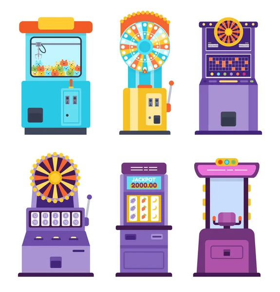 Casino de dibujos animados máquinas tragamonedas y ruedas giratorias. — Vector de stock