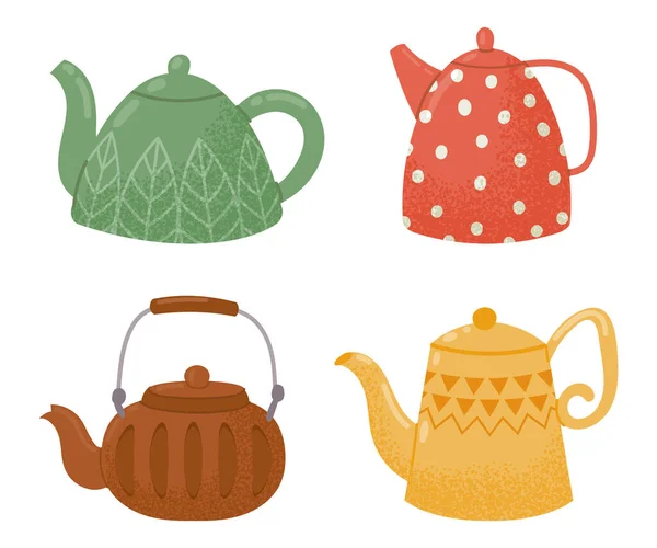 Мультфильм декоративное стекло и керамические чайники. Современные и винтажные чайники для горячих напитков. Япония и китайская посуда — стоковый вектор