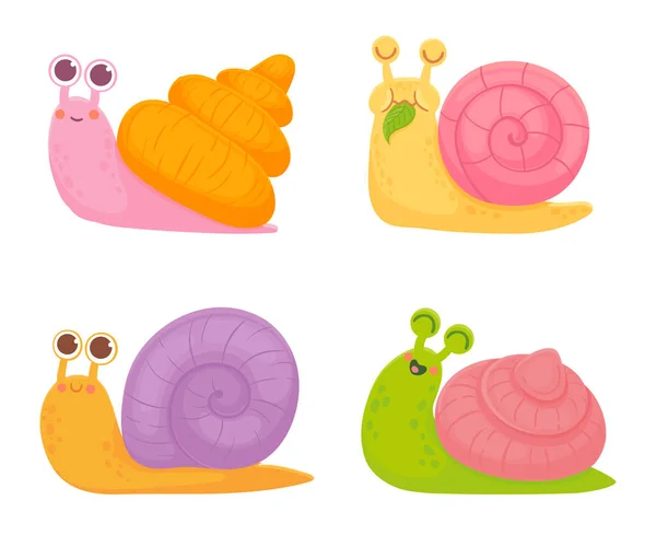 Escargots de bande dessinée. Animaux colorés lents avec coquille en spirale rampant. Personnages sympathiques souriant, riant et mangeant feuille — Image vectorielle