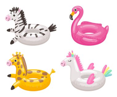 Çizgi film yüzme yüzüğü. Zebra, flamingo, zürafa ve tek boynuzlu at gibi farklı şekillerde şişme oyuncak.