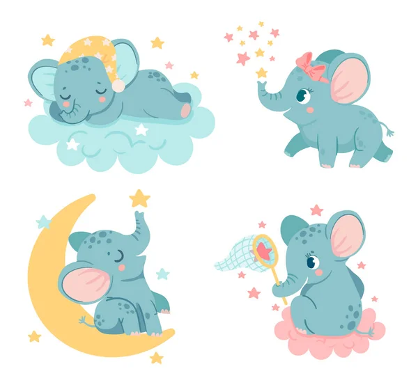 Éléphants de dessin animé mignon. Personnages de bébé rêvant, dormant sur un nuage moelleux. Adorable animal assis sur la lune — Image vectorielle