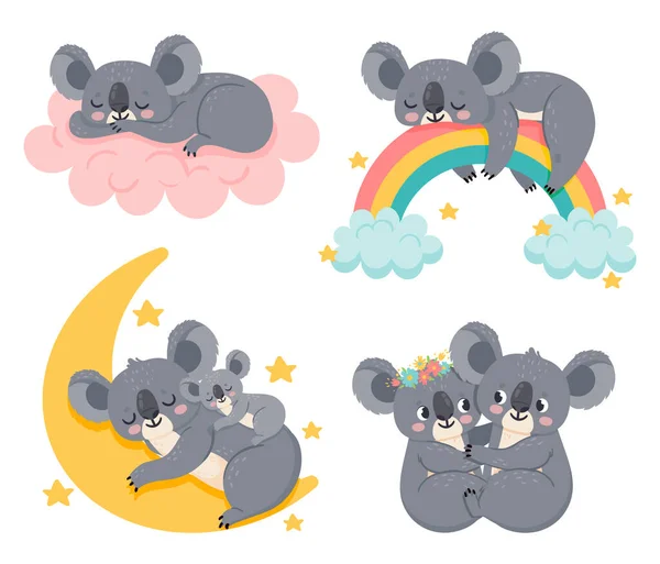 Lindos koalas de dibujos animados. Adorables animales durmiendo en una nube rosada esponjosa, arco iris. Madre e hijo relajándose y soñando — Vector de stock