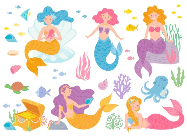 Lindas sirenas. Hermosas chicas viviendo bajo el agua con peces, tortugas, corales y pulpos. Criaturas míticas — Archivo Imágenes Vectoriales