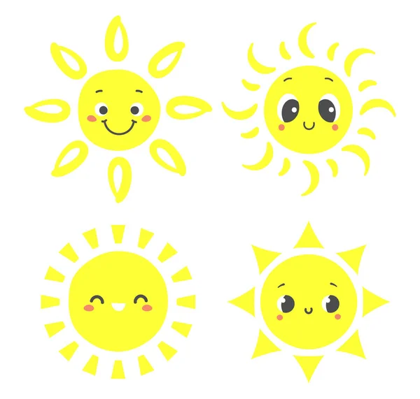 Sol desenhado à mão. Desenhos animados personagens ensolarados com rostos sorridentes. Elementos da manhã feliz com feixes brilhantes —  Vetores de Stock
