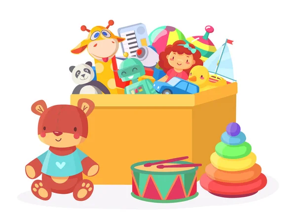 Caja de juguetes para niños. Robot de dibujos animados, muñeca, bola, oso de peluche, jirafa, barco y panda en contenedor de cartón para sala de juegos — Vector de stock