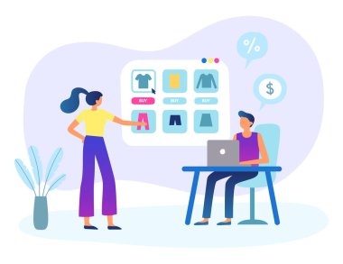 İnsanlar internetten alışveriş yapıyor. Masada dizüstü bilgisayarlı bir adam oturuyor. Giysileriyle ekrana bakan, kıyafet seçen bir kadın.