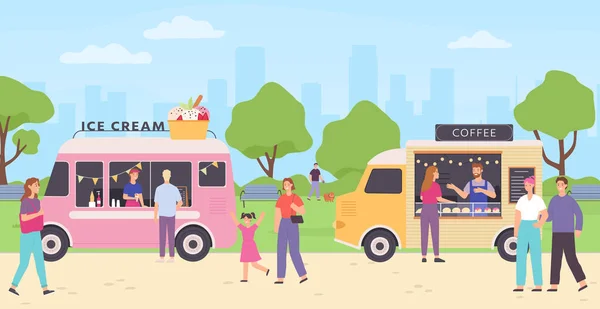 Venditore di chioschi. Mercato alimentare di strada con camion che vendono prodotti da forno, bevande al caffè e gelato. Persone che camminano nel parco e comprano snack — Vettoriale Stock