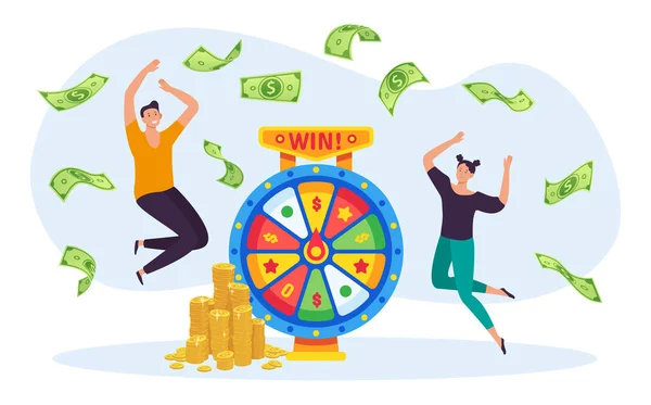 Концепция онлайн-лотереи. Мужчина и женщина выигрывают джекпот на вращающемся колесе. Персонажи прыгают, денежные купюры падают — стоковый вектор