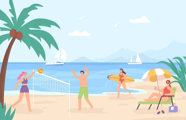Lidé na pláži. Kreslená mořská krajina s postavami na dovolené. Lidé hrají volejbal, relaxaci — Stockový vektor