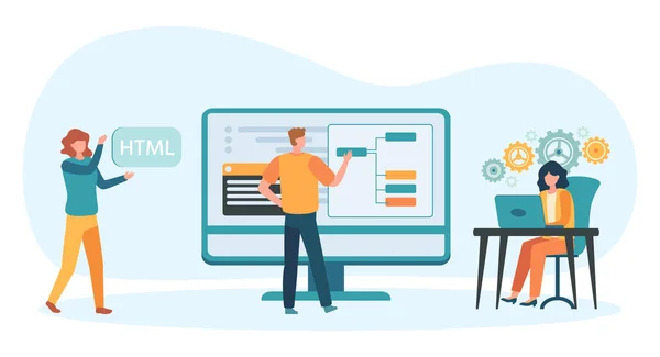 プログラマーおよびデザイナーのウェブサイトを開発する。チームはインターネットページを構築するために協力している。ソフトウェア開発者 — ストックベクタ