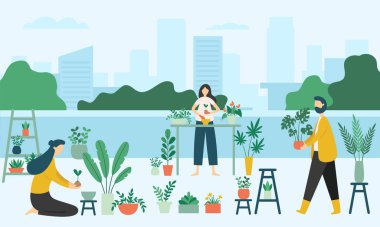 Kentsel bahçe işleriyle uğraşan insanlar. Erkekler ve kadınlar saksılara fidanlar dikiyorlar. Çatı katında çalışan çiçekçiler. Çizgi film bahçıvanları