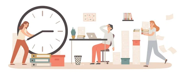 Zaman yönetimi ve iş bitiş saati konsepti. Yorgun bir kadın dizüstü bilgisayarla masada oturuyor. Çalışanların çevirmeli okları var. — Stok Vektör