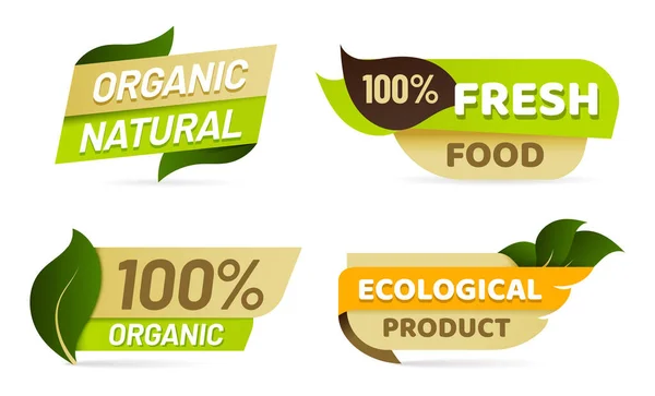 Emblemi vegani. Etichette di prodotti naturali biologici per negozi al dettaglio. Alimenti freschi ed ecologici per mercati ecologici — Vettoriale Stock