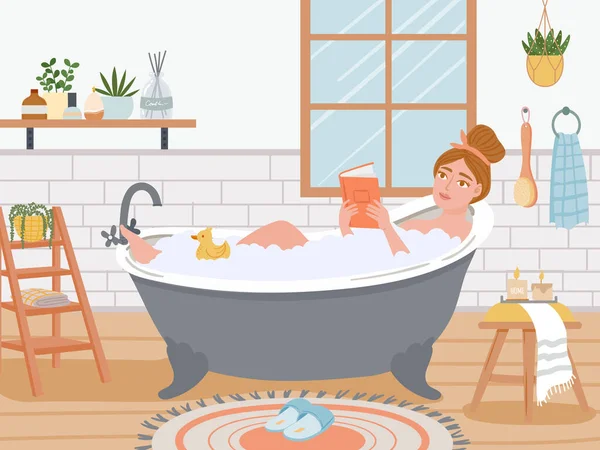 Mujer que tiene baño con espuma y libro de lectura. Personaje femenino relajante con velas encendidas y aromaterapia — Vector de stock