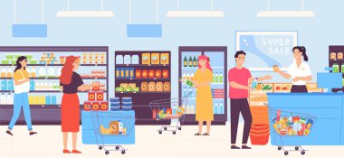 Süpermarketteki insanlar yiyecek seçiyor ve yük arabaları koyuyorlar. Erkek ve kadın marketten ürün alıyorlar.