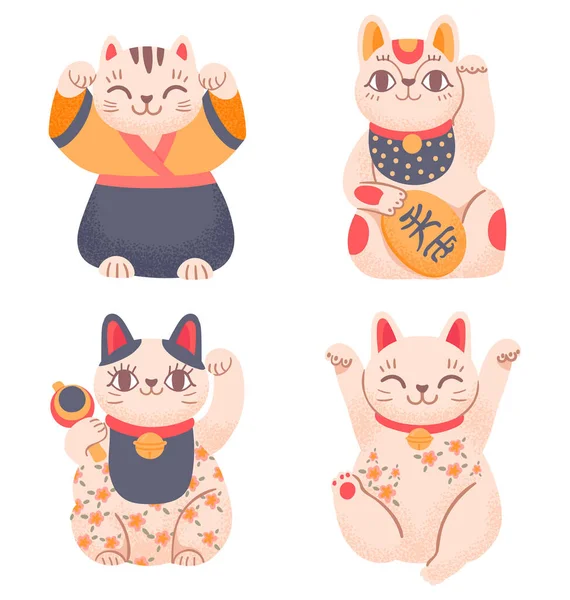 Japoneses afortunados gatos saludando con las patas. Figura asiática en ropa tradicional con gesto de saludo. Sonriente mascota — Vector de stock