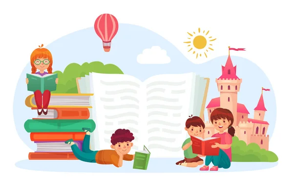 Kinder lesen Buch. Jungen und Mädchen lesen Kinderliteratur. Nette Charaktere stellen sich mittelalterliche Burg mit fliegendem Heißluftballon vor — Stockvektor