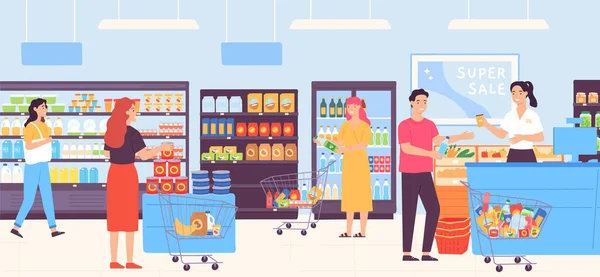 People in supermarket choosing food and putting in trolleys. Man and woman buying products in grocery store — Stock Vector