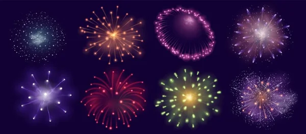 Des feux d'artifice réalistes éclatent pour fêter, célébrer ou faire la fête. Explosion de pétards pour le carnaval de Diwali. Ensemble vecteur de feux d'artifice ciel nocturne — Image vectorielle