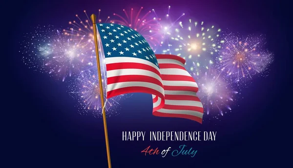 Cartaz do dia da independência dos EUA com bandeira americana e fogos de artifício. Céu noturno com fogo de artifício. 4 de julho patriótico feriado celebração vetor cartão —  Vetores de Stock