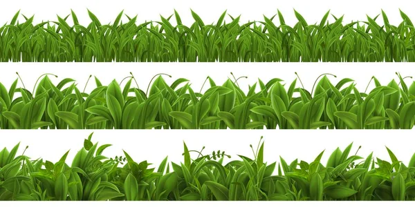Realistic grass lawn, meadow herbs or field seamless border. 3d spring grass, weed and green plant leaves. Farm or garden sprouts vector set — Stock Vector