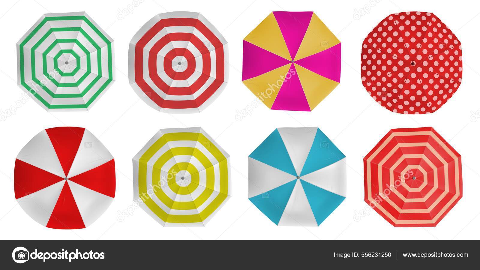 Guarda-chuva de praia realista desenhos coloridos vista superior. guarda-sóis  acima com pontos e listras. Verão piscina guarda-chuvas para conjunto de  vetor sombra Vetor de ©tartila.stock.gmail.com 556231250, image size:1600x900