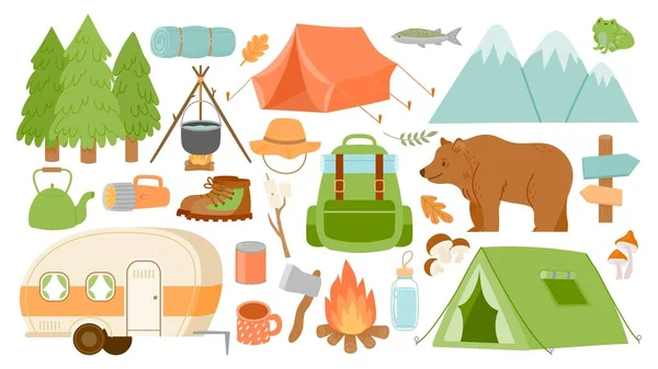 Tecknad camping och vandringsutrustning, tält och skog natur. Lägereld, väska, väg hem, lykta och matta. Överlevnad vandring äventyr vektor set — Stock vektor
