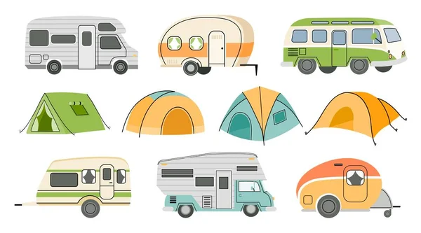 카툰은 RV 트레일러와 자동차, 도로 자동차, 텐트를 캠핑 했습니다. 자연 휴가를 위한 캠프캐러 밴 과 여름 여행밴 벡터 세트 — 스톡 벡터