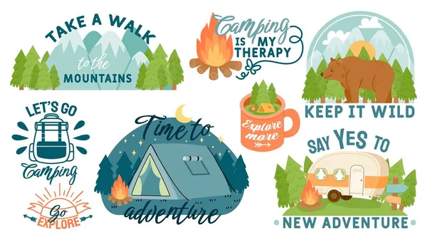 Camping, hiking and outdoor adventure motivation quotes and elements. Travel slogans with mountains, forest, tent and campfire vector set — Stock Vector