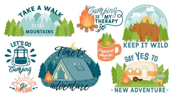 Camping, hiking and outdoor adventure motivation quotes and elements. Travel slogans with mountains, forest, tent and campfire vector set