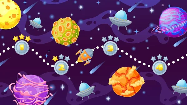 Cartoon mapa nível de jogo espacial com planetas e foguetes. Tela ui cósmica para arcade de computador com nave espacial, galáxia de estrelas e cena vetorial ufo — Vetor de Stock