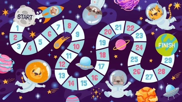 Cartoon ruimte bordspel voor kinderen met dieren astronauten. Pad kaart voor kinderen galaxy dobbelstenen spelen. Cosmos race strategie spel vector template — Stockvector