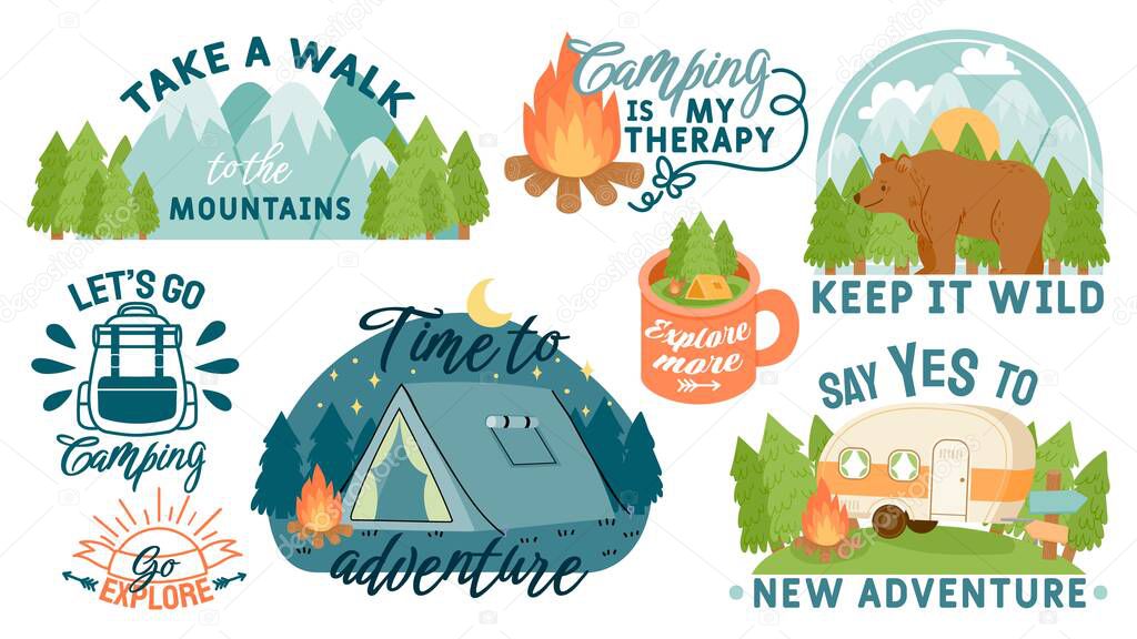 Camping, hiking and outdoor adventure motivation quotes and elements. Travel slogans with mountains, forest, tent and campfire vector set