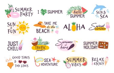 Yaz sloganı, güneş, dondurma, karpuz ve mayo logosu. Tropik plaj tatili, deniz tatili, yaz partisi ve seyahat etiketi seti