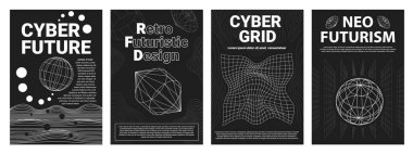 Izgaralı ve kablosuz 3D nesneli nöro fütüristik posterler. Siberpunk gelecek geometrik tasarımları. 90 'ların retro sürreal' i vektör kümesini kapsar