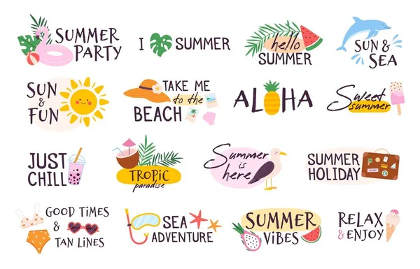 Slogan d'été, soleil, crème glacée, pastèque et maillot de bain logo. Vacances à la plage tropicale, vacances à la mer, fête d'été et jeu de vecteurs autocollants de voyage — Image vectorielle