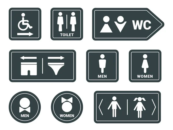 Άνδρας και γυναίκα wc, μπάνιο ή τουαλέτα υπογράψει με βέλη. Εικονίδιο wc ατόμων με ειδικές ανάγκες Σχεδιασμός τουαλέτας με εσώρουχα, εικονογράμματα φύλου διάνυσμα σετ — Διανυσματικό Αρχείο