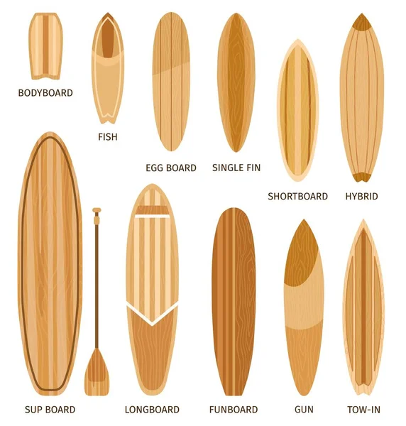 Surfbrettgrößen und -typen aus Holz, Bodyboard, Longboard und Shortboard. Cartoon Surfboards formen Design, Funboard und Hybrid-Vektor-Set — Stockvektor