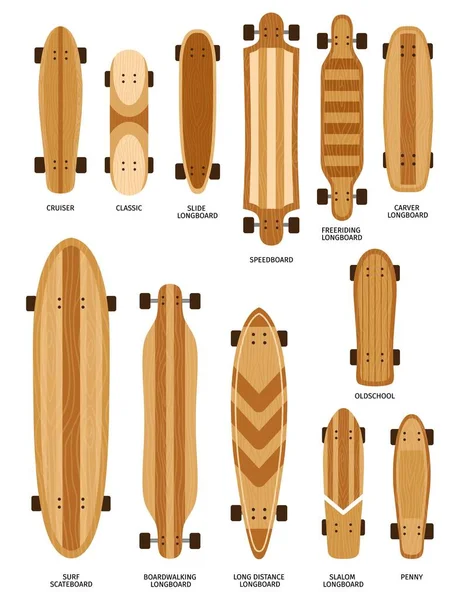 Dibujos animados skate board deck tipos, tamaños y formas. Longboard de diapositivas, surf skateboard, penny, cruiser y clásico. Skateboards forma vector conjunto — Archivo Imágenes Vectoriales