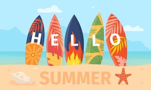 Cartoon hello affiche d'été avec planche de surf sur la plage de la mer. Paysage insulaire tropical avec planche de natation sur sable. Concept de vecteur de vacances de surf — Image vectorielle