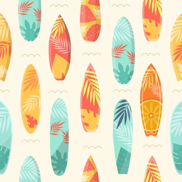 Cartoon zomer naadloos patroon met surfplank en tropische bladeren. Zeesurfplanken op golven. Strand vakantie reizen, surfen vector print — Stockvector