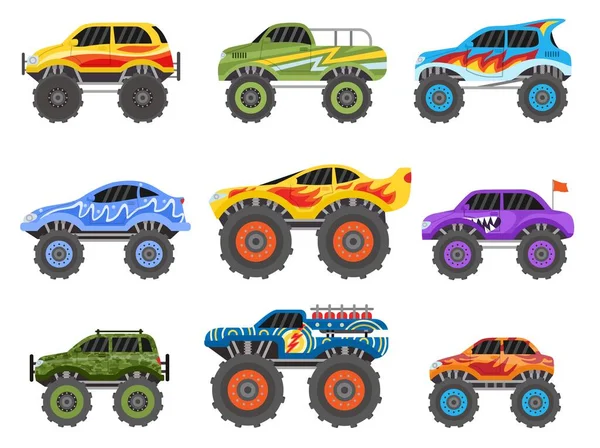 Camiones monstruo de dibujos animados, coches de carreras todoterreno extremos. Vehículo Monstertruck con llamas. Camión de juguete para niños plano con gran rueda neumáticos vector conjunto — Vector de stock
